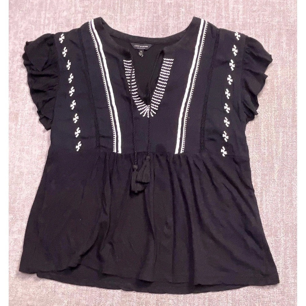 Lucky Brand Blouse Top Womens Small Black White Embroidered Split Neck Casual